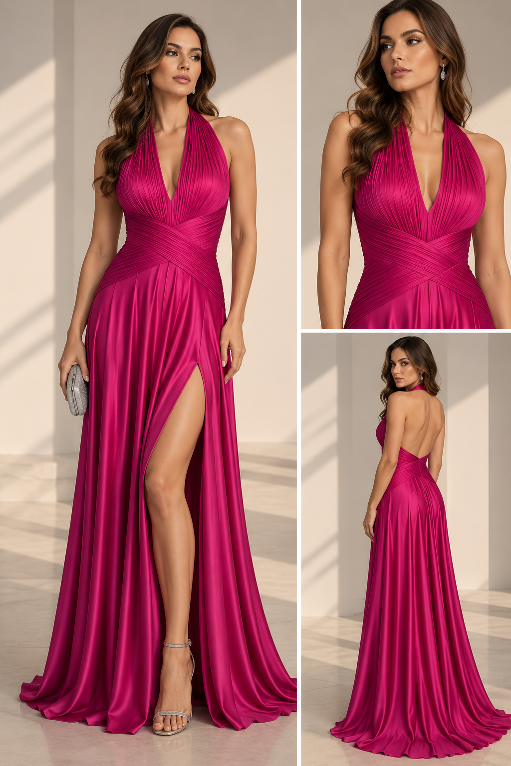 Fuchsia Pleated Halter Gown