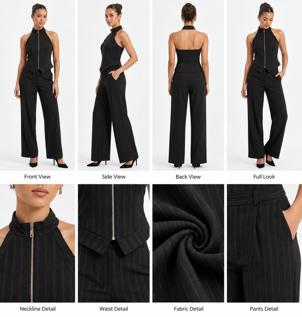Black Pinstripe Halter Top & Wide-Leg Pants Set