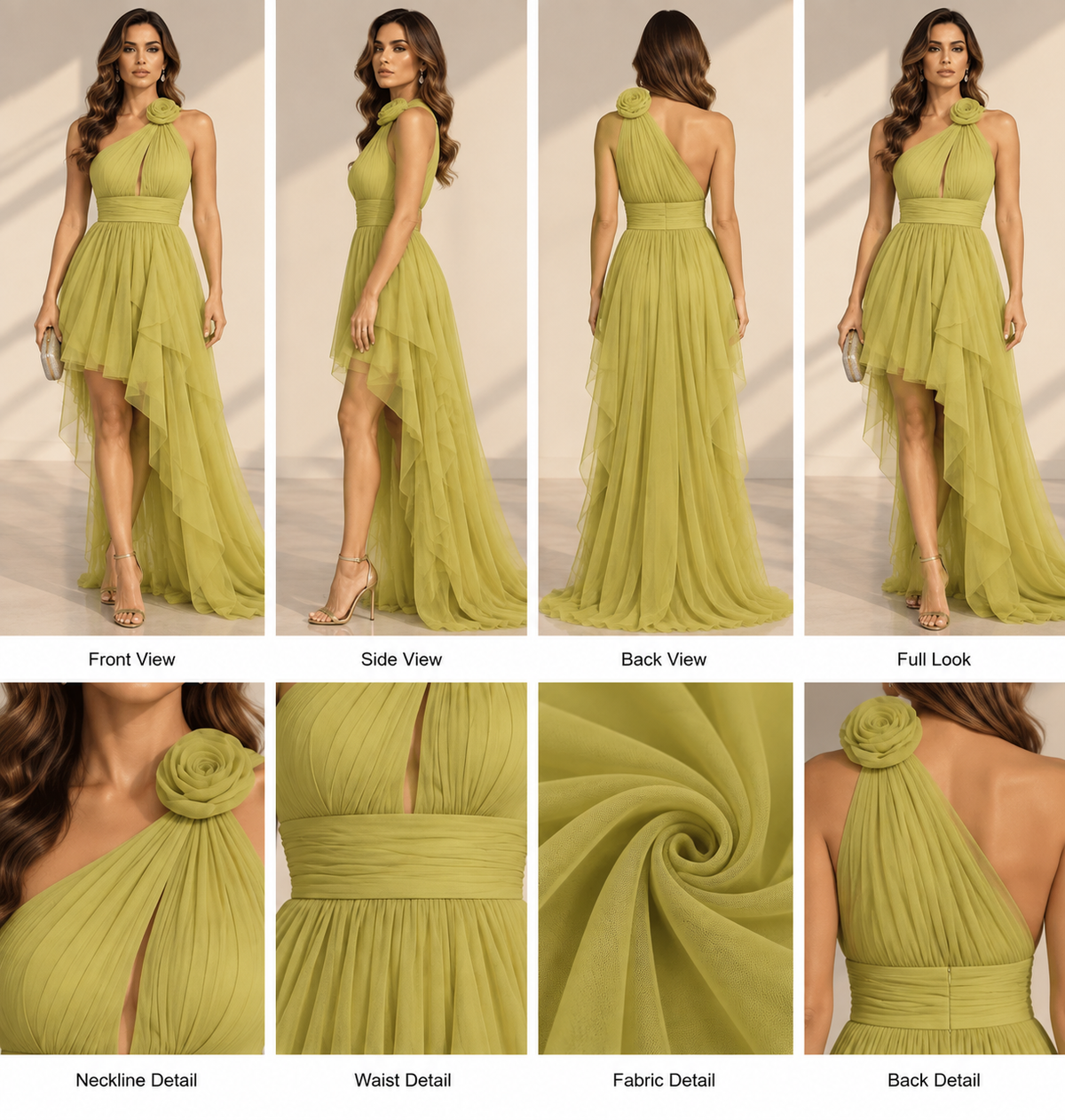 Lime Green Pleated High-Low Gown
