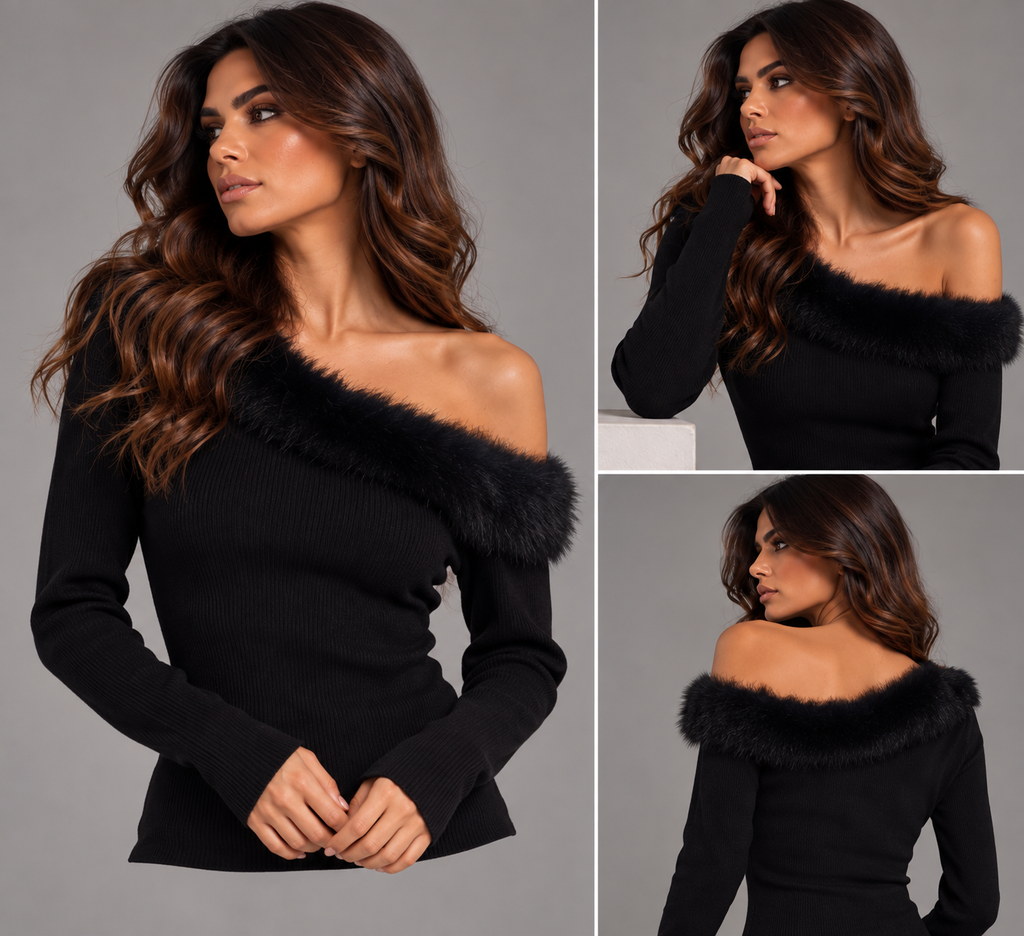 Faux Fur Off-Shoulder Knit Top