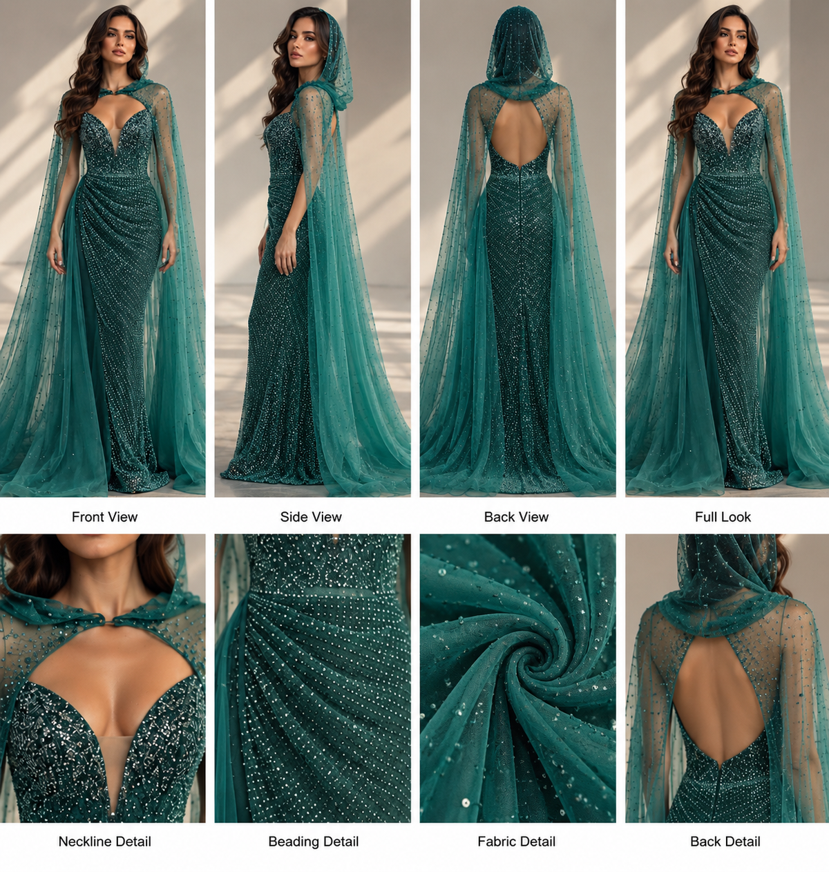 Emerald Green Embellished Cape Gown