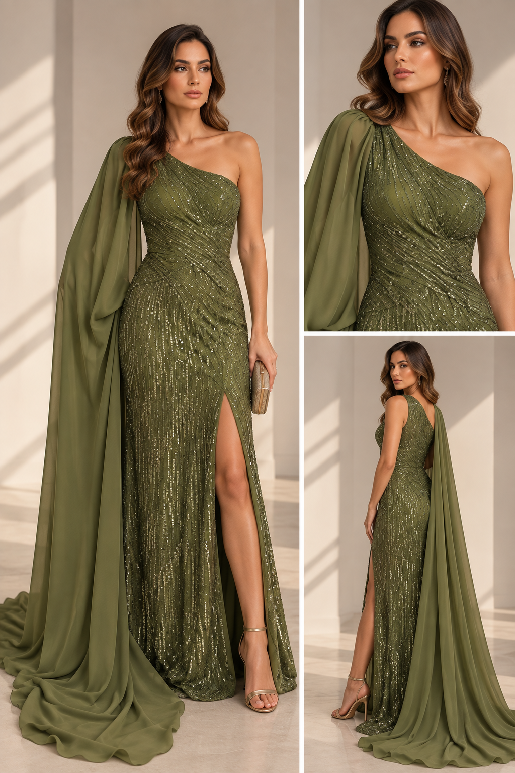 Olive Green Sequin One-Shoulder Cape Gown