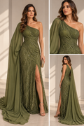 Olive Green Sequin One-Shoulder Cape Gown