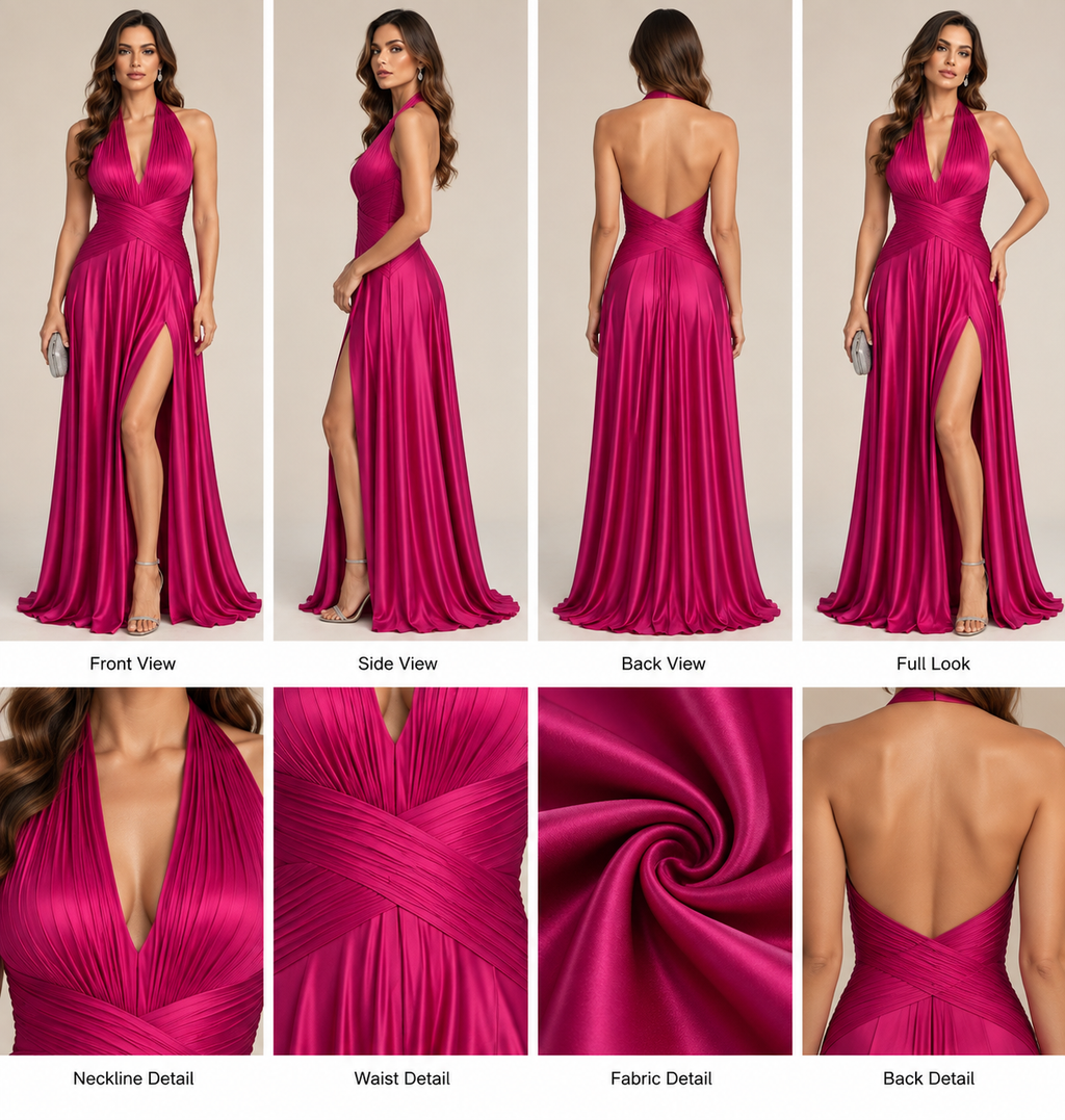 Fuchsia Pleated Halter Gown