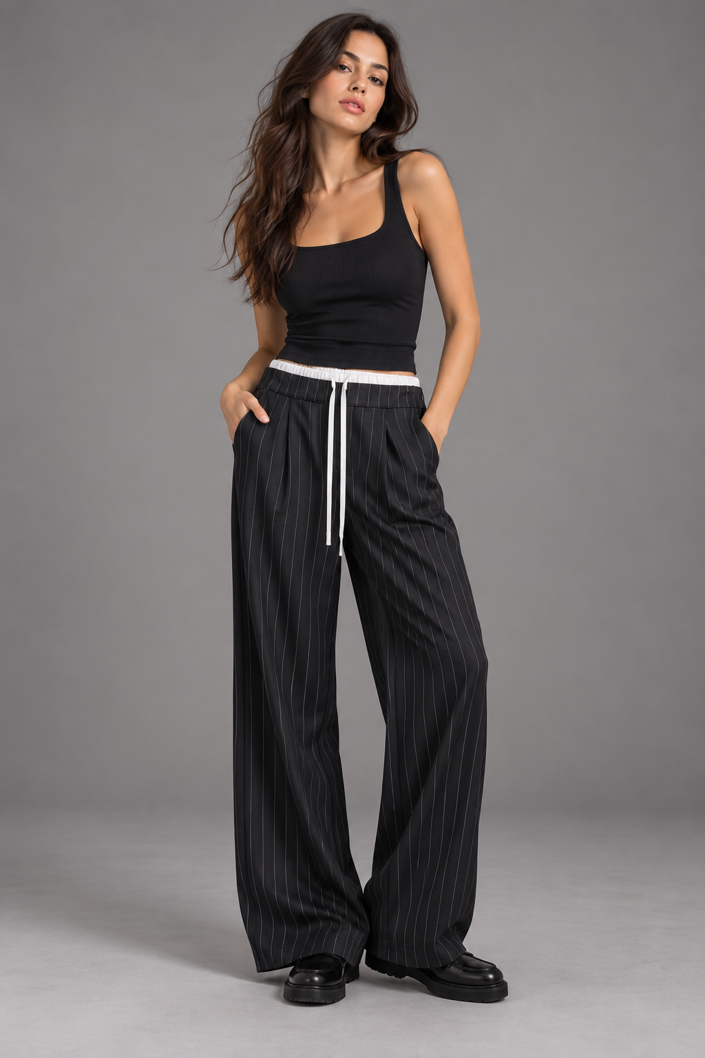Black Pinstripe Wide-Leg Trousers