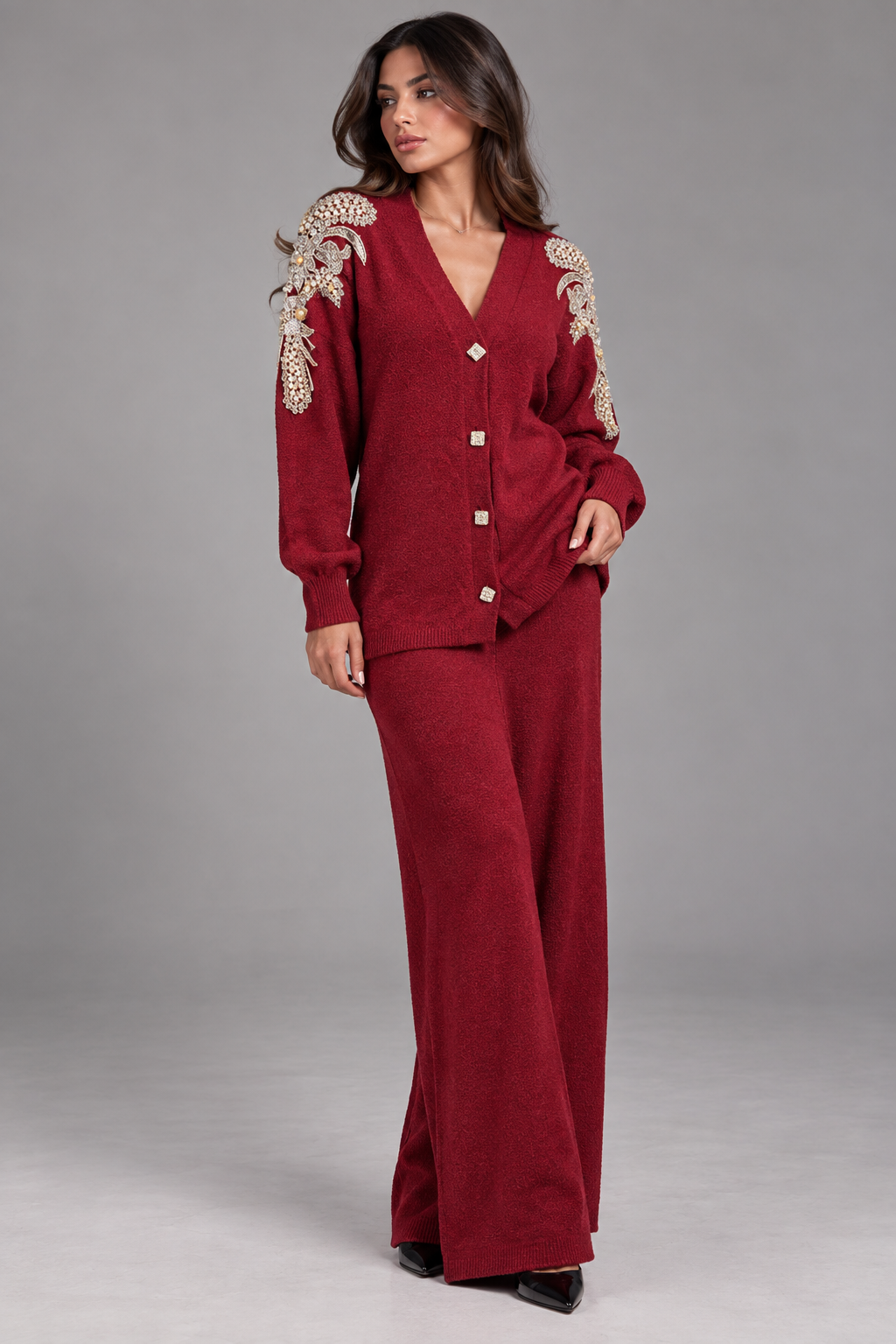 Embellished Burgundy Knit Set