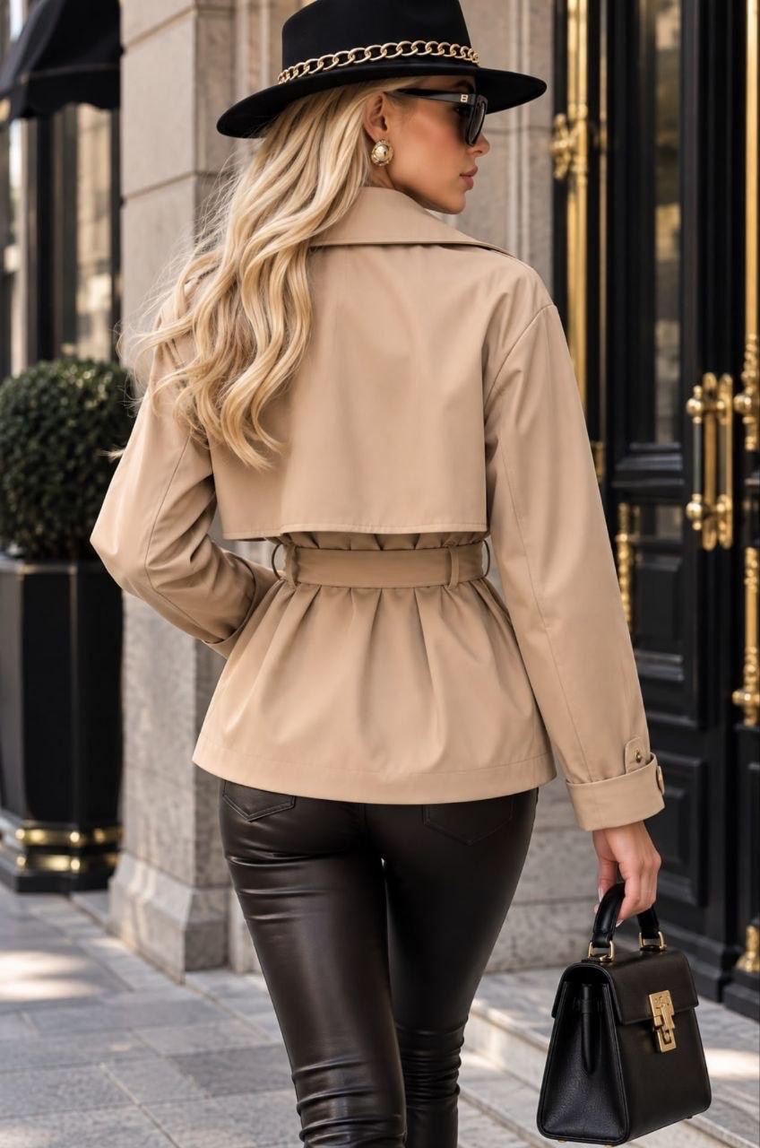 Beige Double-Breasted Belted Trench Jacket