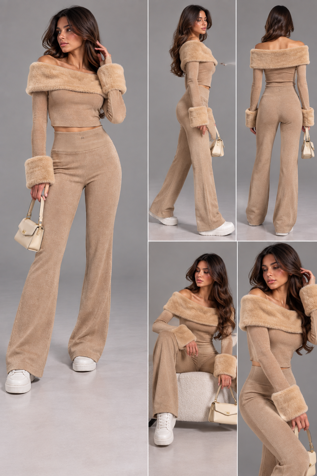 Faux Fur Off-Shoulder Knit Set