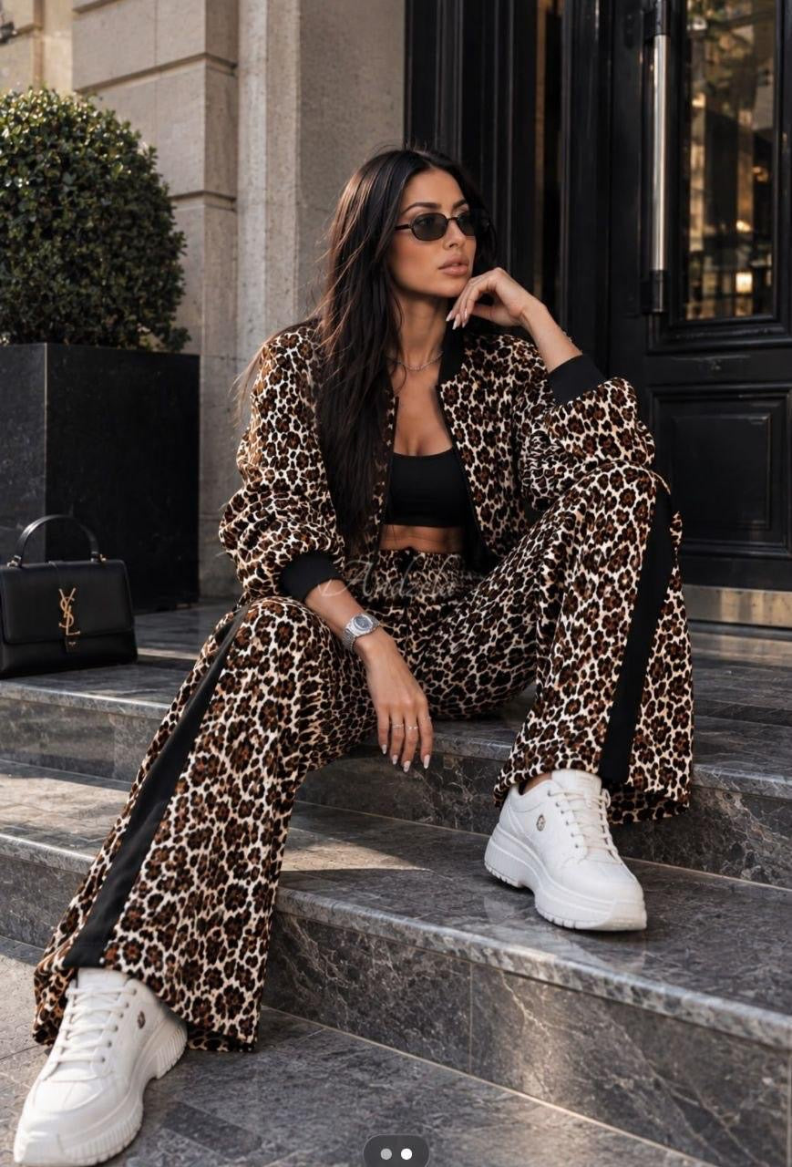 Leopard Print Bomber Jacket & Wide-Leg Pants Set