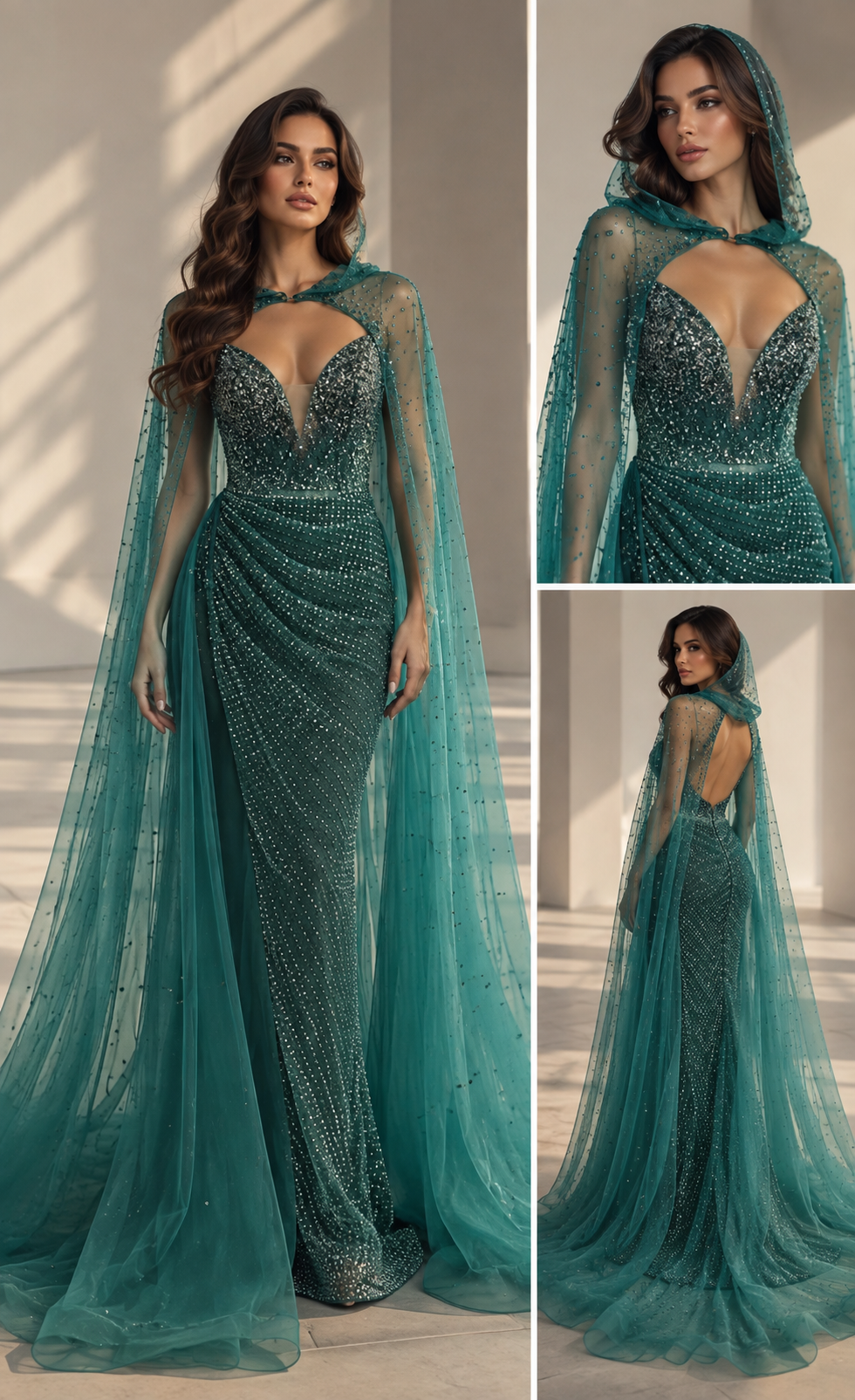 Emerald Green Embellished Cape Gown
