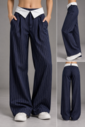 Navy Pinstripe Wide-Leg Trousers