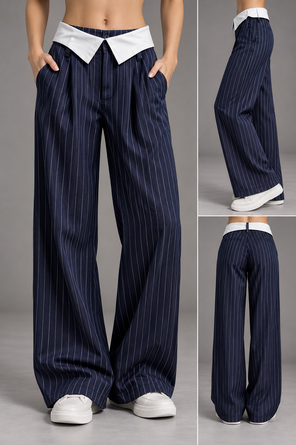 Navy Pinstripe Wide-Leg Trousers