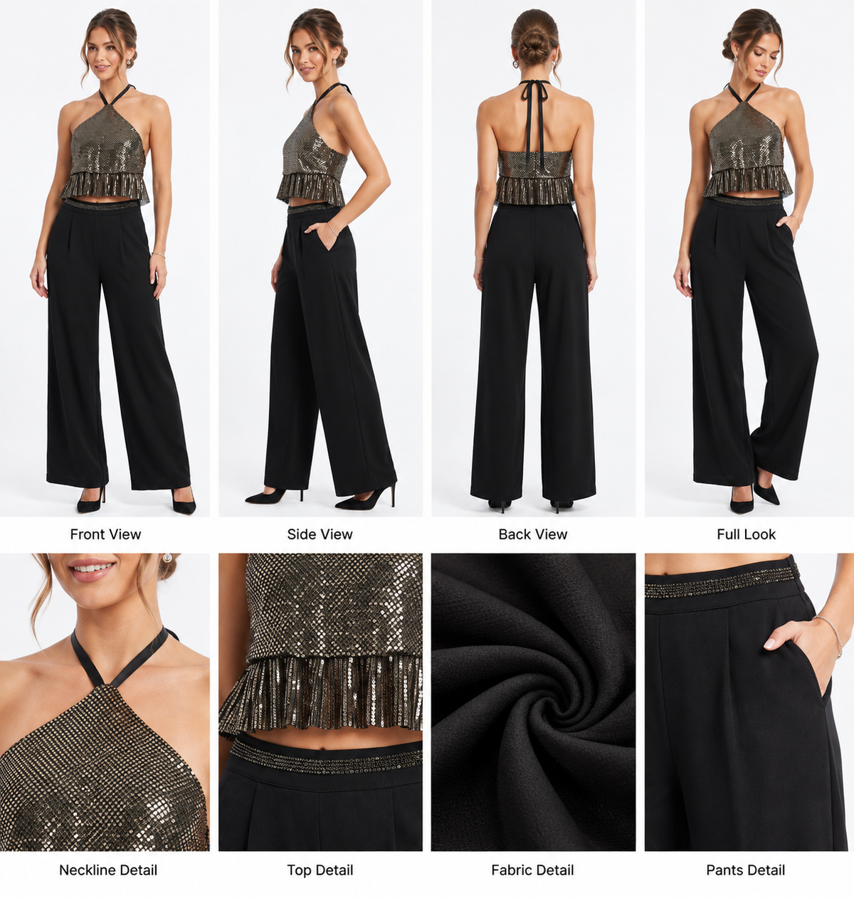 Black Sequin Halter Top & Wide-Leg Pants Set