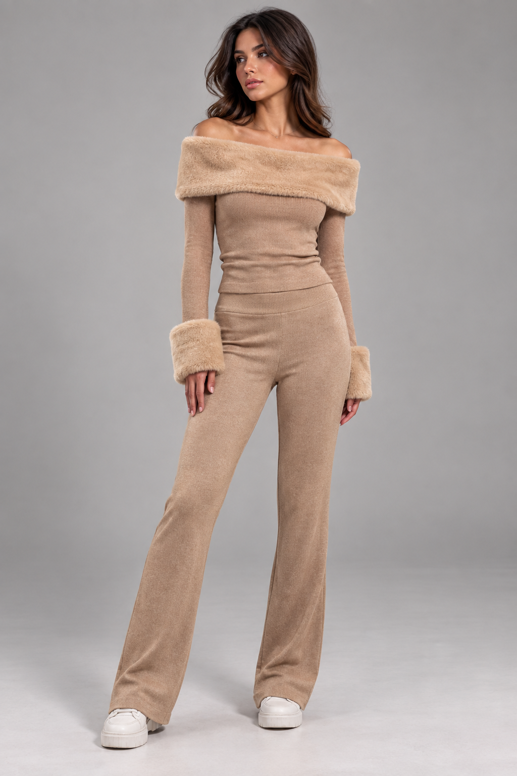 Faux Fur Off-Shoulder Knit Set