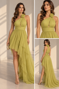 Lime Green Pleated High-Low Gown