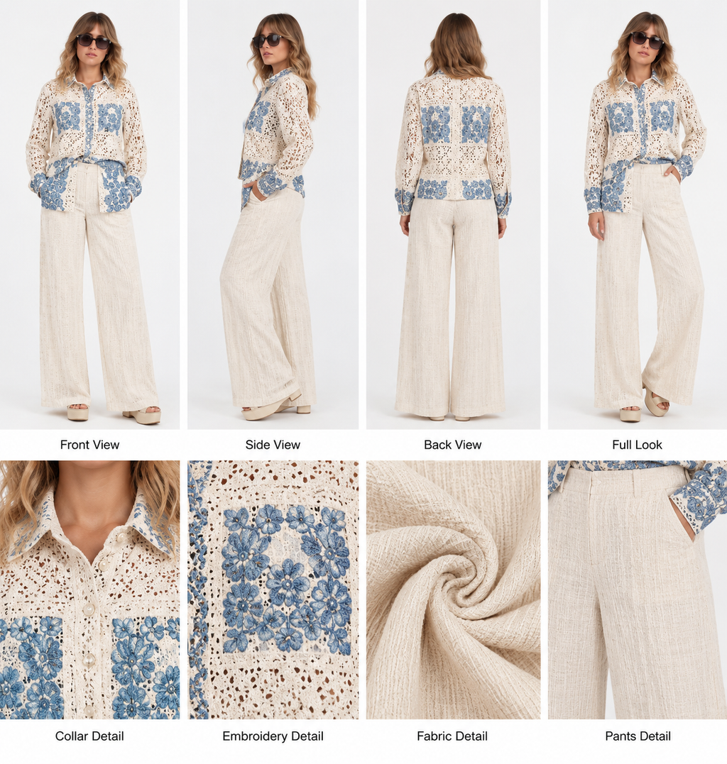 Ivory & Blue Embroidered Wide-Leg Set