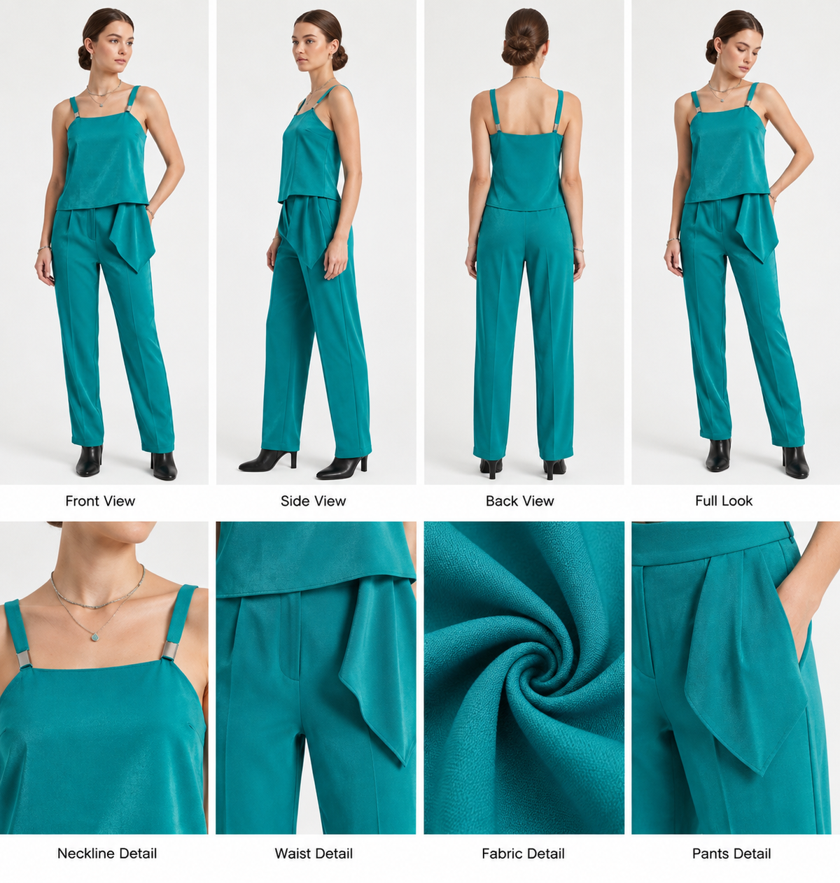 Teal Satin Camisole & Wide-Leg Pants Set