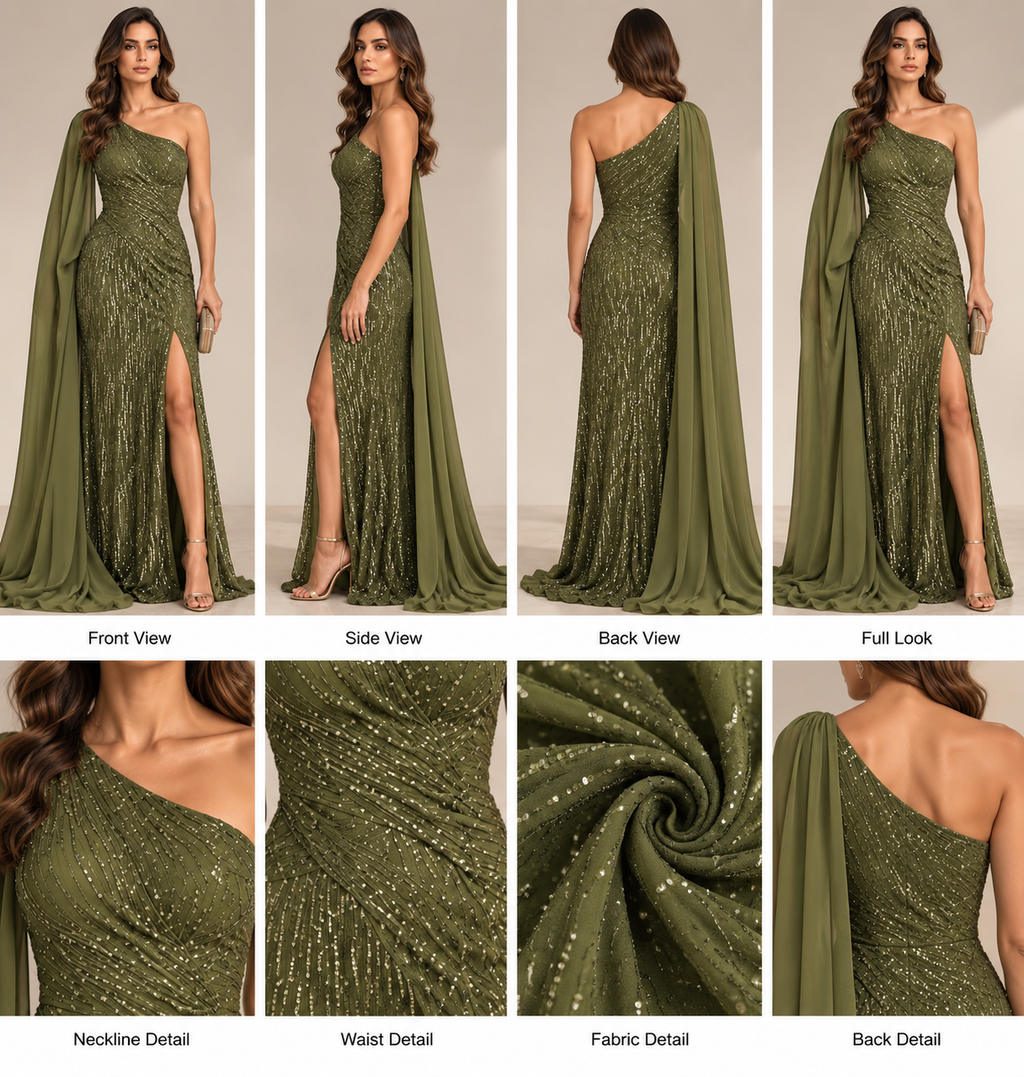 Olive Green Sequin One-Shoulder Cape Gown