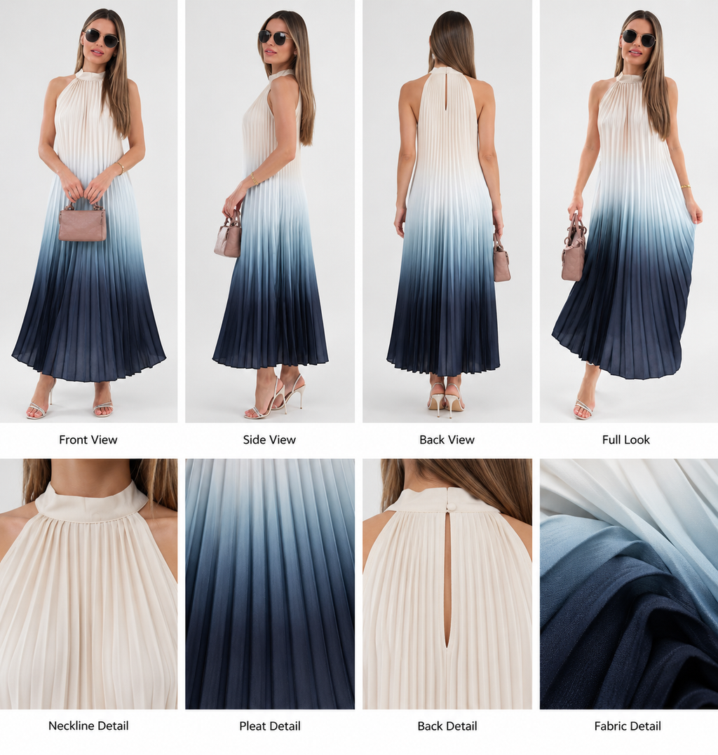 Ivory & Navy Pleated Ombré Maxi Dress